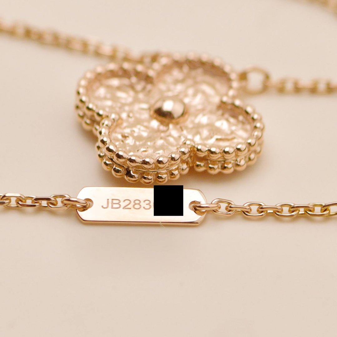 Authentic VCA Vintage Alhambra Hammered Necklace 18K Rose Gold