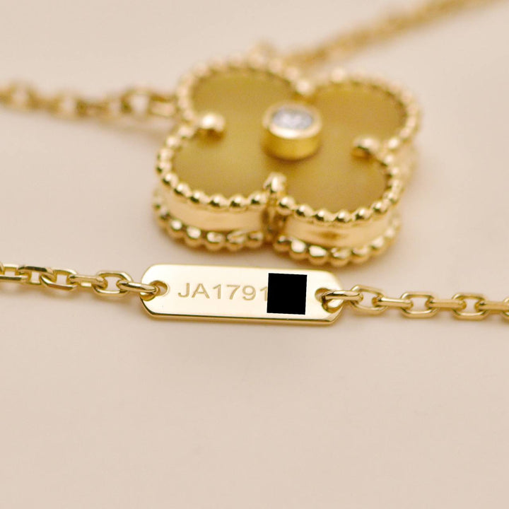 Preowned Authentic Van Cleef Alhambra 2018 Holiday Pendant Golden Mother of Pearl Diamond