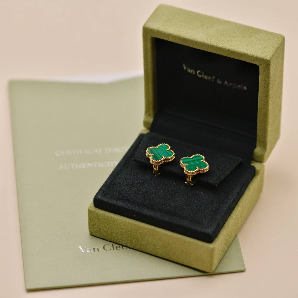 Preowned Authentic Van Cleef & Arpels Vintage Alhambra Earrings Malachite 18K Yellow Gold