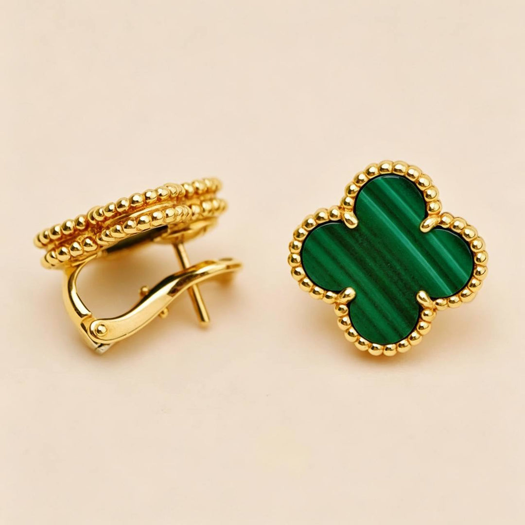 Second Hand Authentic Van Cleef Vintage Alhambra Earrings Malachite 18K Yellow Gold