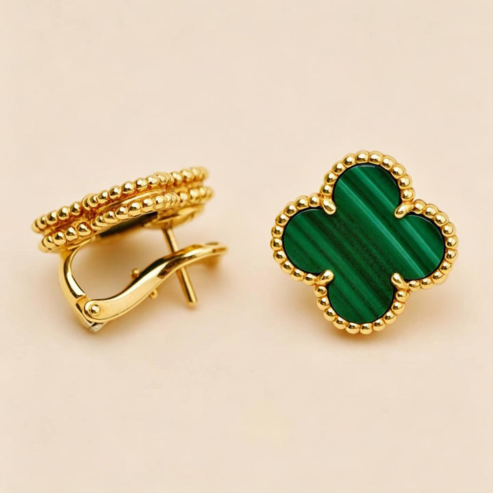 Second Hand Authentic Van Cleef Vintage Alhambra Earrings Malachite 18K Yellow Gold