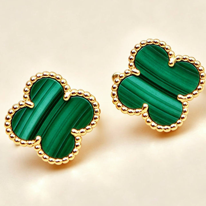 Preloved Authentic Van Cleef Vintage Alhambra Earrings Malachite 18K Yellow Gold
