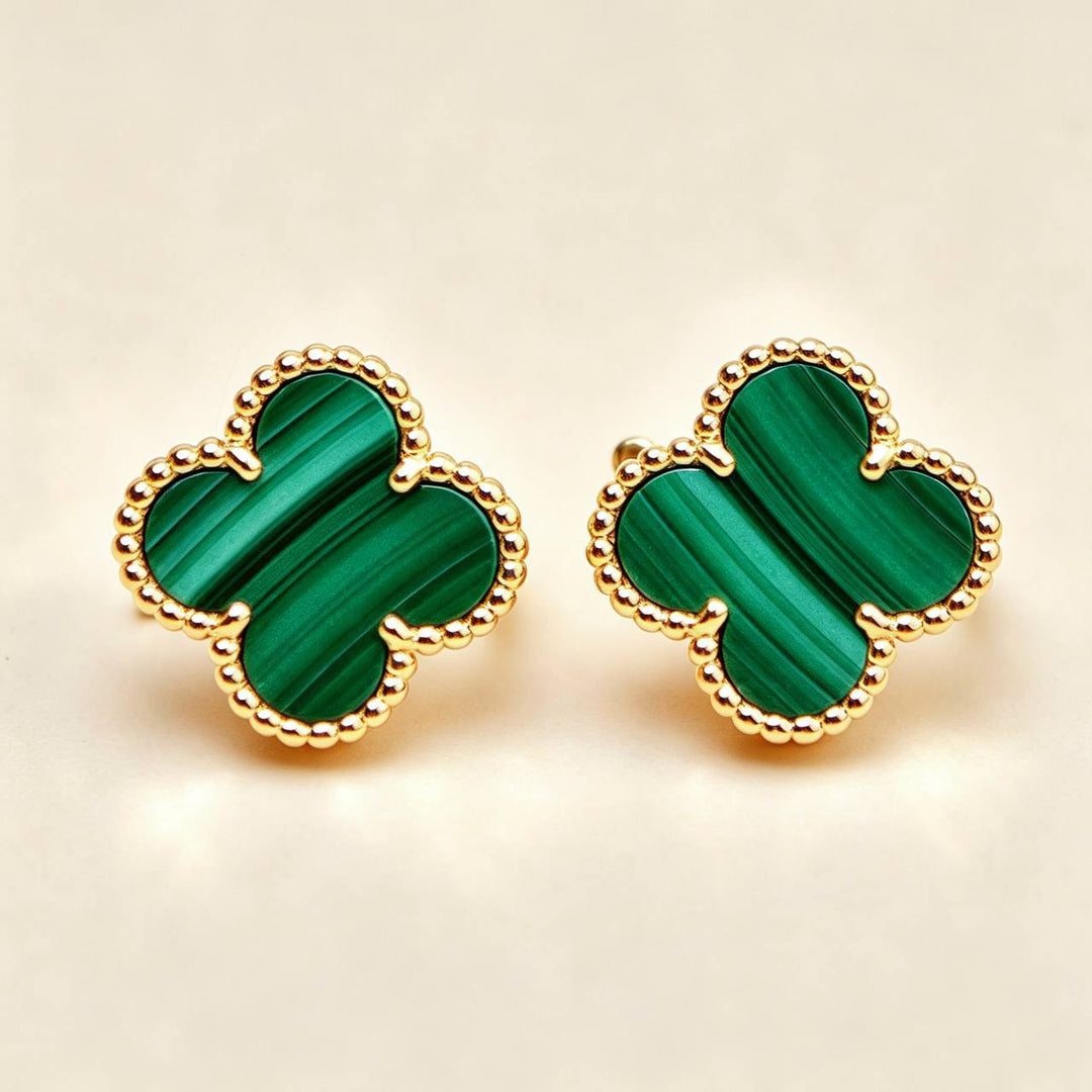 Preowned Authentic Van Cleef Vintage Alhambra Earrings Malachite 18K Yellow Gold