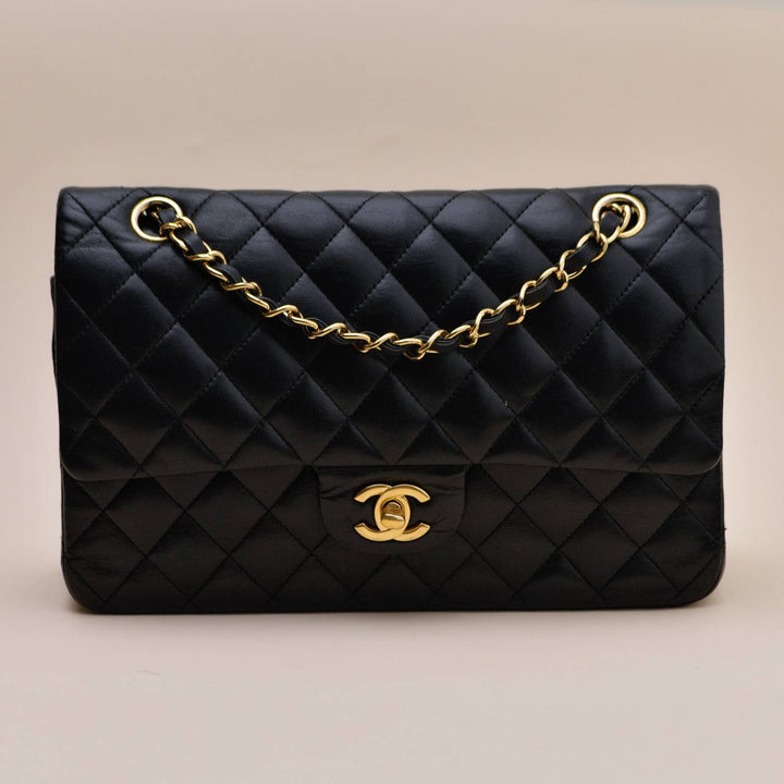 Preowned Chanel Classic Double Flap Medium Bag Lambskin Black Quilted GHW