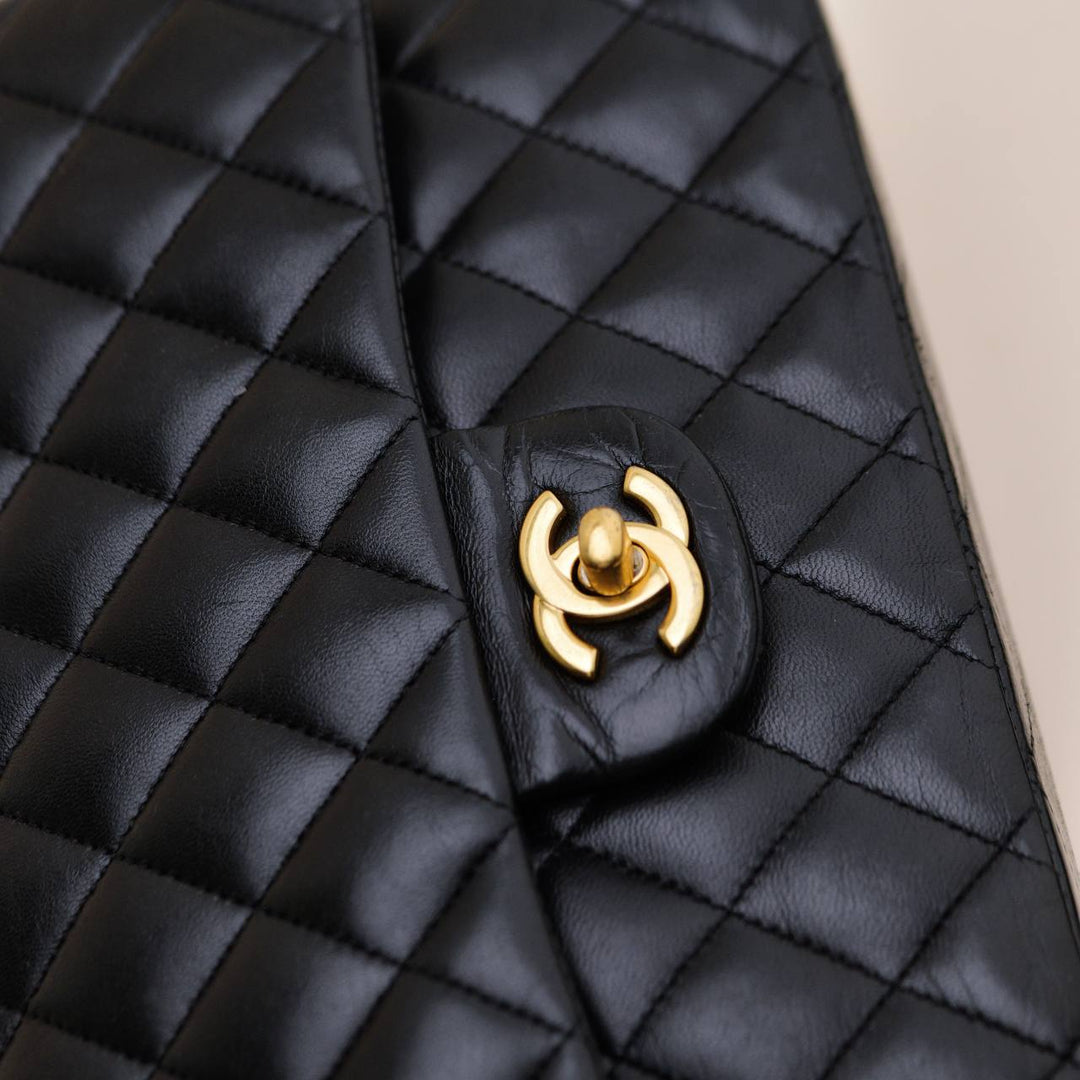 Preowned Chanel Classic Double Flap Medium Bag Lambskin Black Quilted GHW