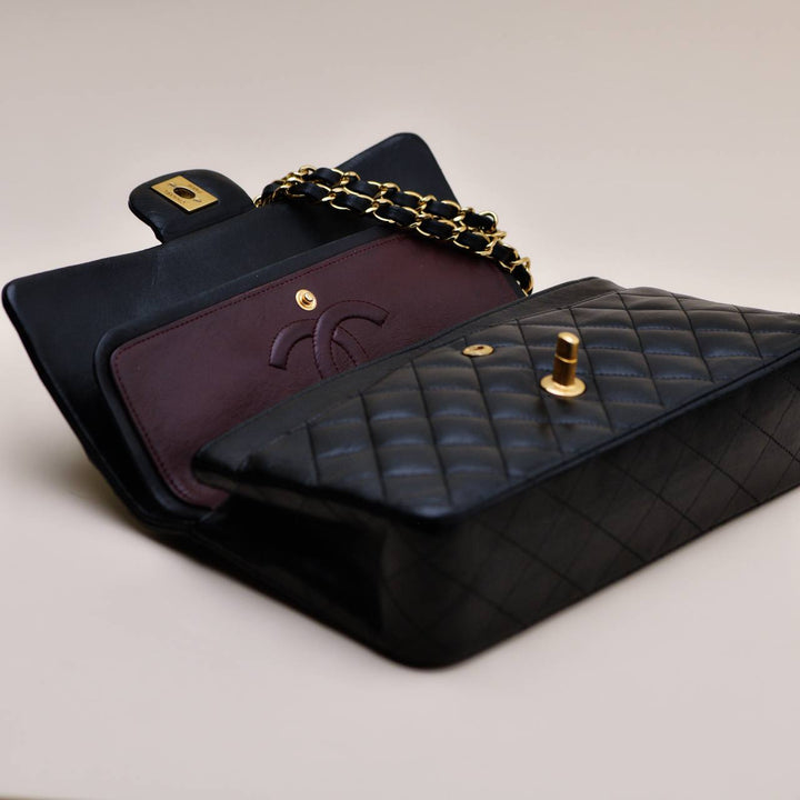 Authentic Chanel Classic Double Flap Medium Bag Lambskin Black Quilted GHW
