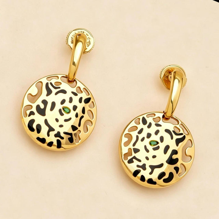 Preowned Cartier Panthère Earrings Tsavorite Black Enamel 18K Yellow Gold