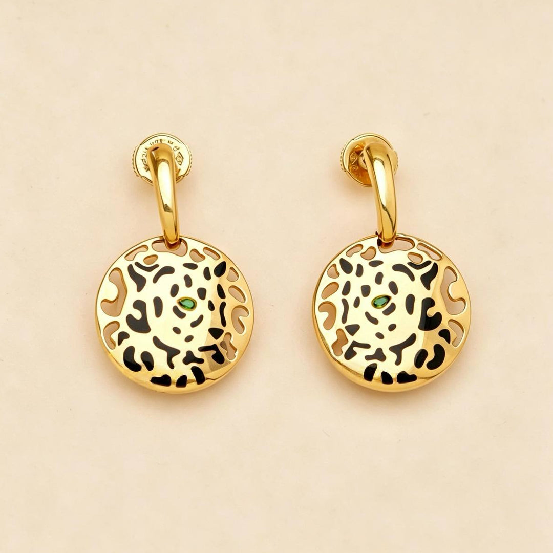 Second Hand Cartier Panthère Earrings Tsavorite Black Enamel 18K Yellow Gold