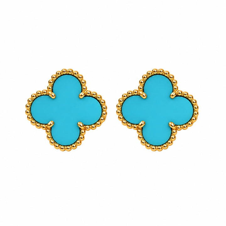 Preowned Authentic VCA Vintage Alhambra Earrings Turquoise 18K Yellow Gold