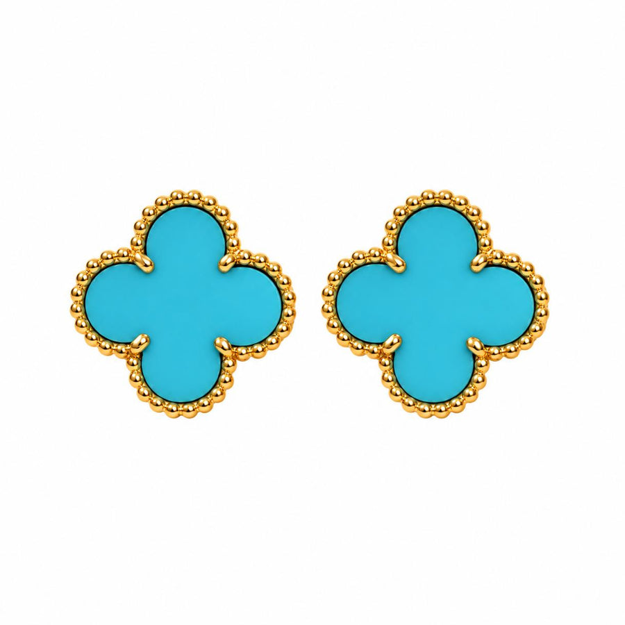 Preowned Authentic VCA Vintage Alhambra Earrings Turquoise 18K Yellow Gold