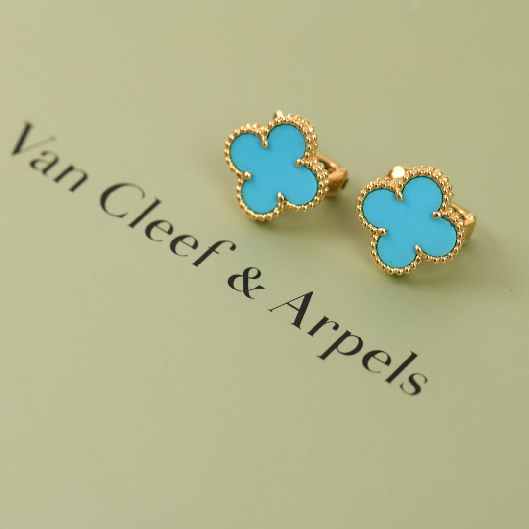 Preowned Authentic VCA Vintage Alhambra Earrings Turquoise 18K Yellow Gold