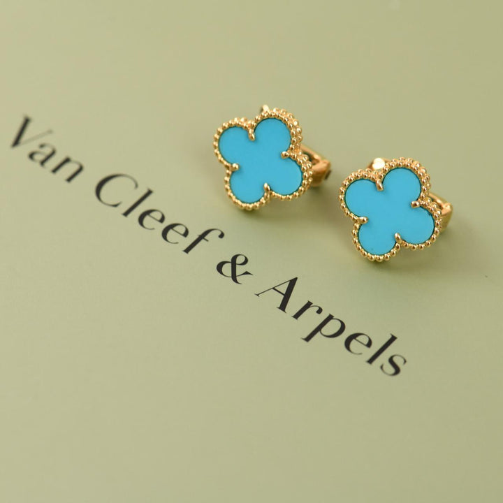 Preowned Authentic VCA Vintage Alhambra Earrings Turquoise 18K Yellow Gold