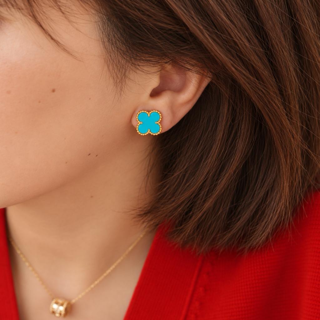 Authentic VCA Vintage Alhambra Earrings Turquoise 18K Yellow Gold