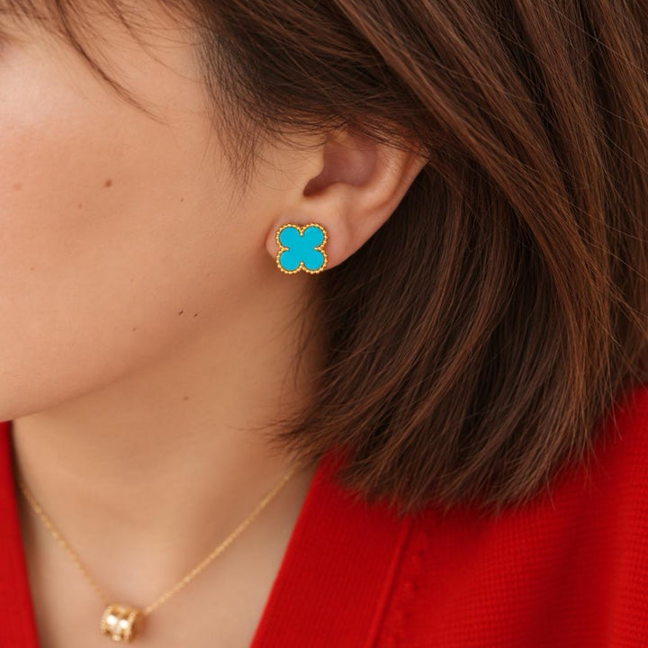 Authentic VCA Vintage Alhambra Earrings Turquoise 18K Yellow Gold