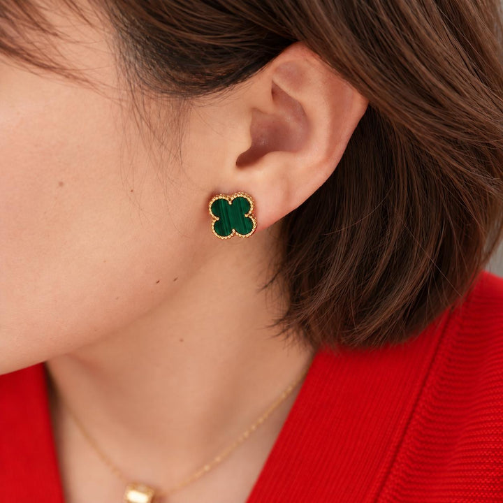 Preloved Authentic Van Cleef Vintage Alhambra Earrings Malachite 18K Yellow Gold