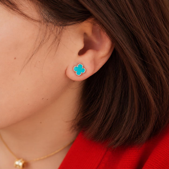 Preowned VCA Sweet Alhambra Earrings Turquoise 18K White Gold