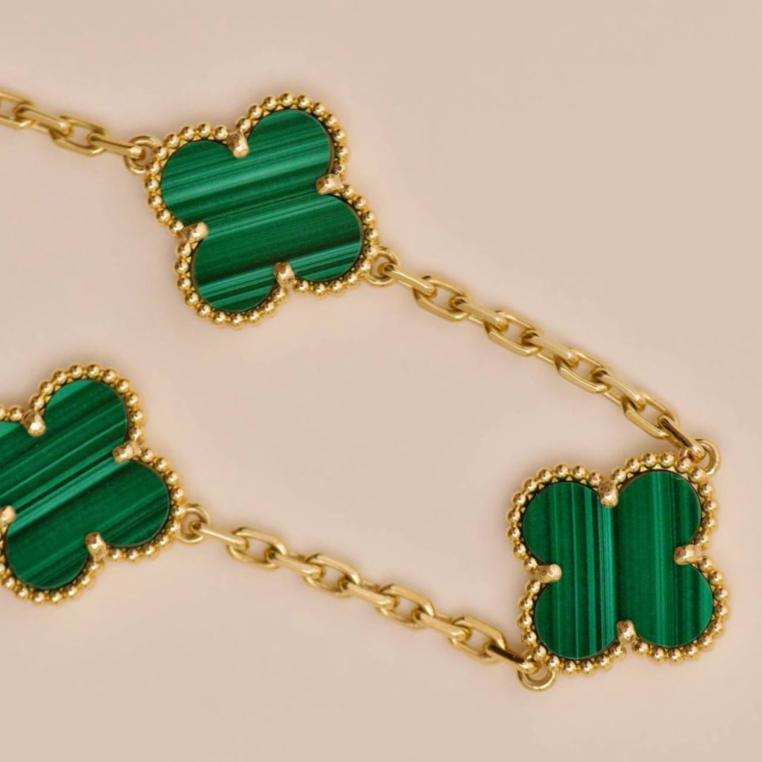 Authentic Van Cleef Vintage Alhambra 5 Motif Malachite Bracelet 18K Yellow Gold