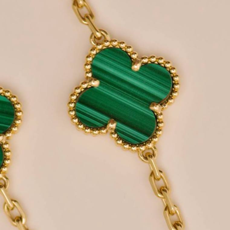 Preloved Authentic Van Cleef Vintage Alhambra 5 Motif Malachite Bracelet 18K Yellow Gold