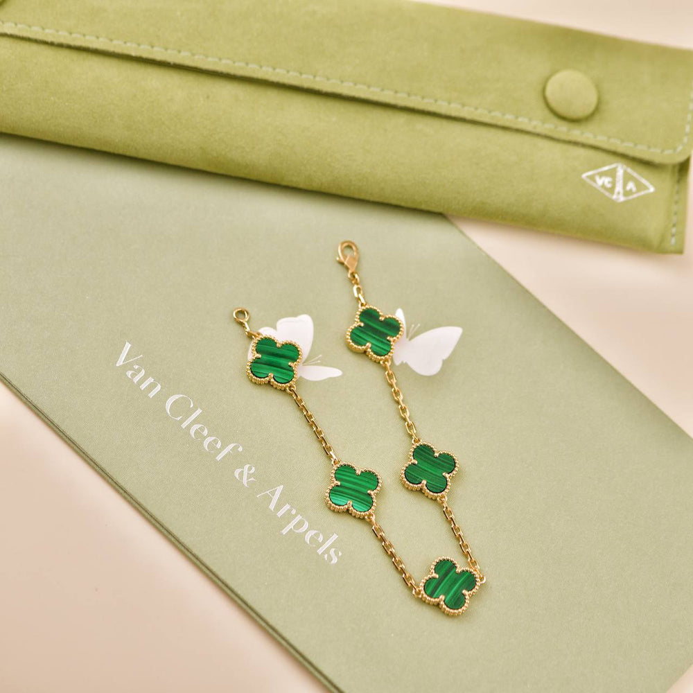 Preowned Authentic Van Cleef & Arpels Vintage Alhambra 5 Motif Malachite Bracelet 18K Yellow Gold