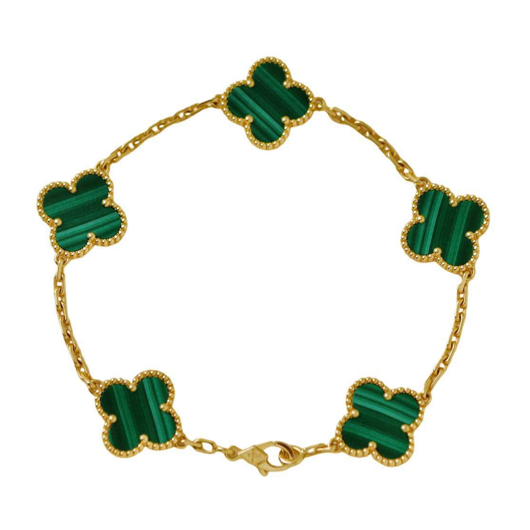 Preloved Authentic Van Cleef & Arpels Vintage Alhambra 5 Motif Malachite Bracelet 18K Yellow Gold