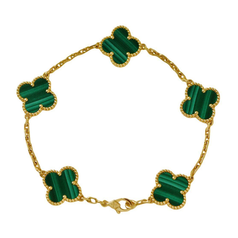 Preloved Authentic Van Cleef & Arpels Vintage Alhambra 5 Motif Malachite Bracelet 18K Yellow Gold