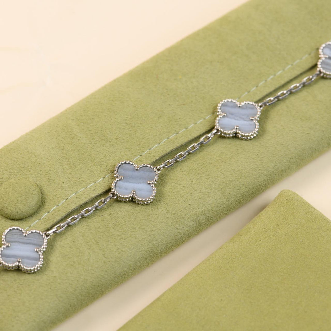 Preowned Authentic Van Cleef Vintage Alhambra Chalcedony Bracelet 18K White Gold