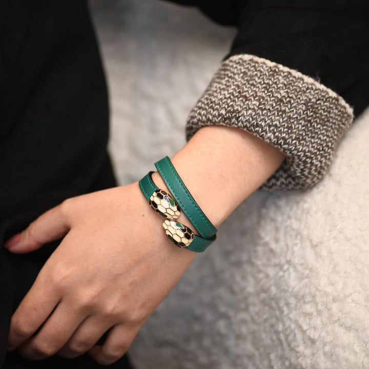 Bvlgari Serpenti Forever Enamel Green Leather Bracelet Size M