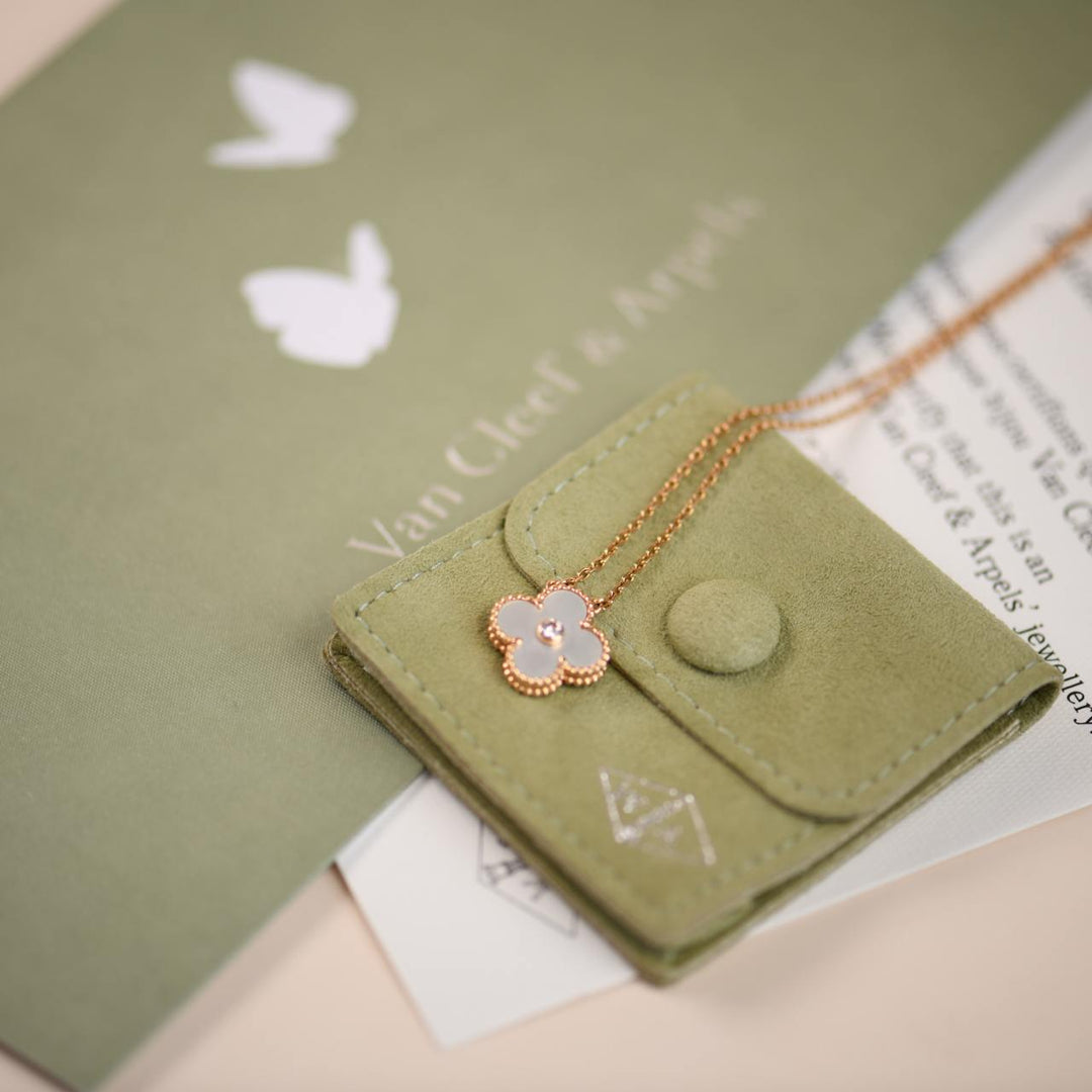 Preowned Van Cleef & Arpels Vintage Alhambra Diamond Mother of Pearl Rose Gold 2012 Holiday Necklace