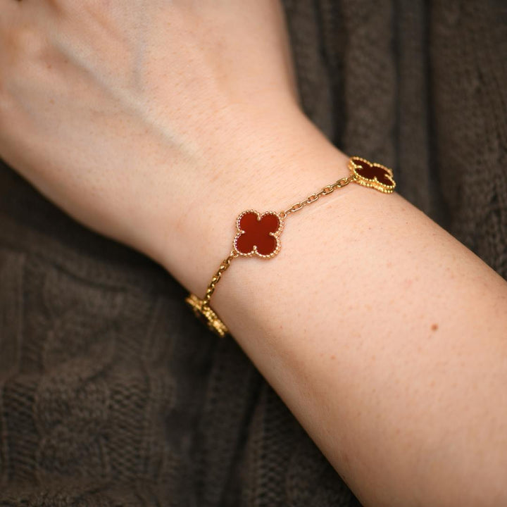 Van Cleef & Arpels Vintage Alhambra Carnelian 5 Motif 18K Yellow Gold Bracelet