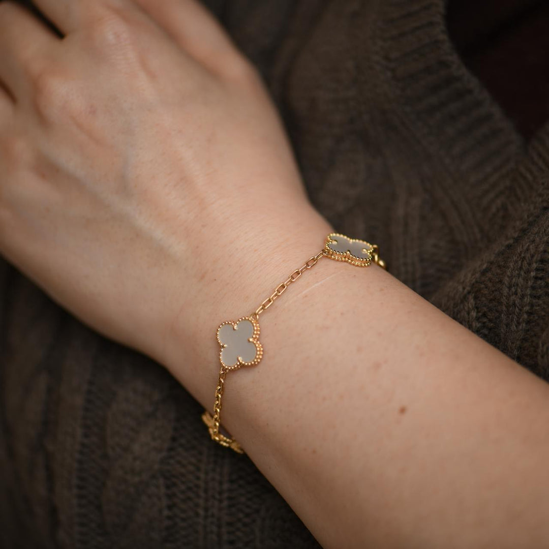 Used VCA Vintage Alhambra 5 Motif Mother of Pearl 18K Yellow Gold Bracelet