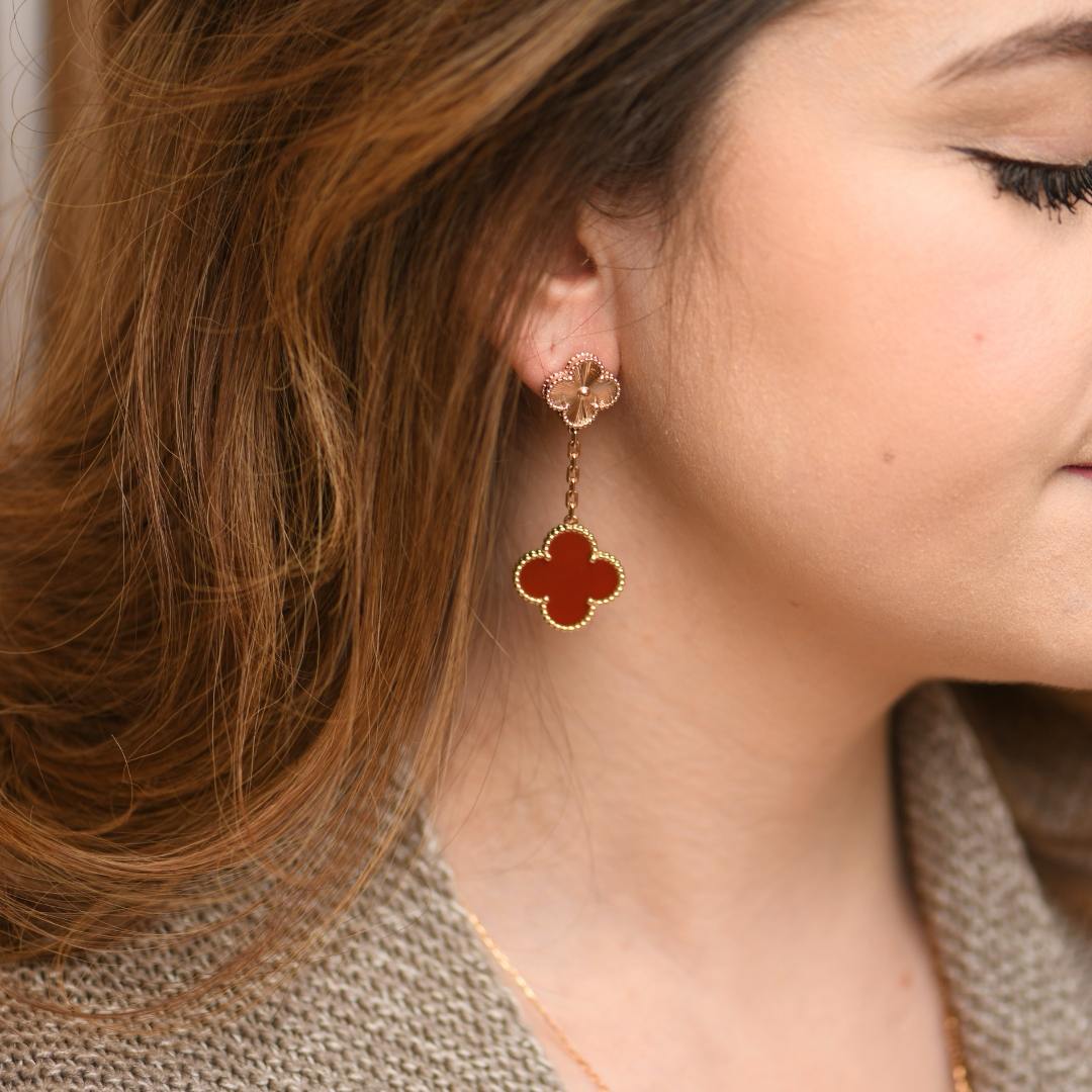 Van Cleef & Arpels Magic Alhambra Guilloché Carnelian 18K Rose Gold Earrings