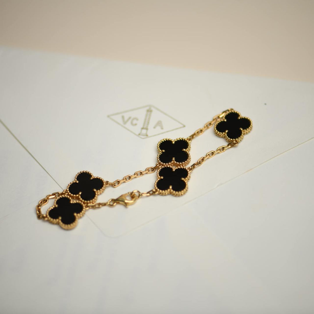 Second Hand VCA Vintage Alhambra 5 Motif Black Onyx 18K Yellow Gold Bracelet