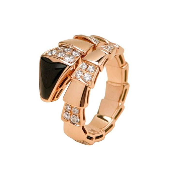 Preloved Authentic Full set Bvlgari Serpenti Viper One Coil Onyx & Diamond 18K Rose Gold Ring Size M