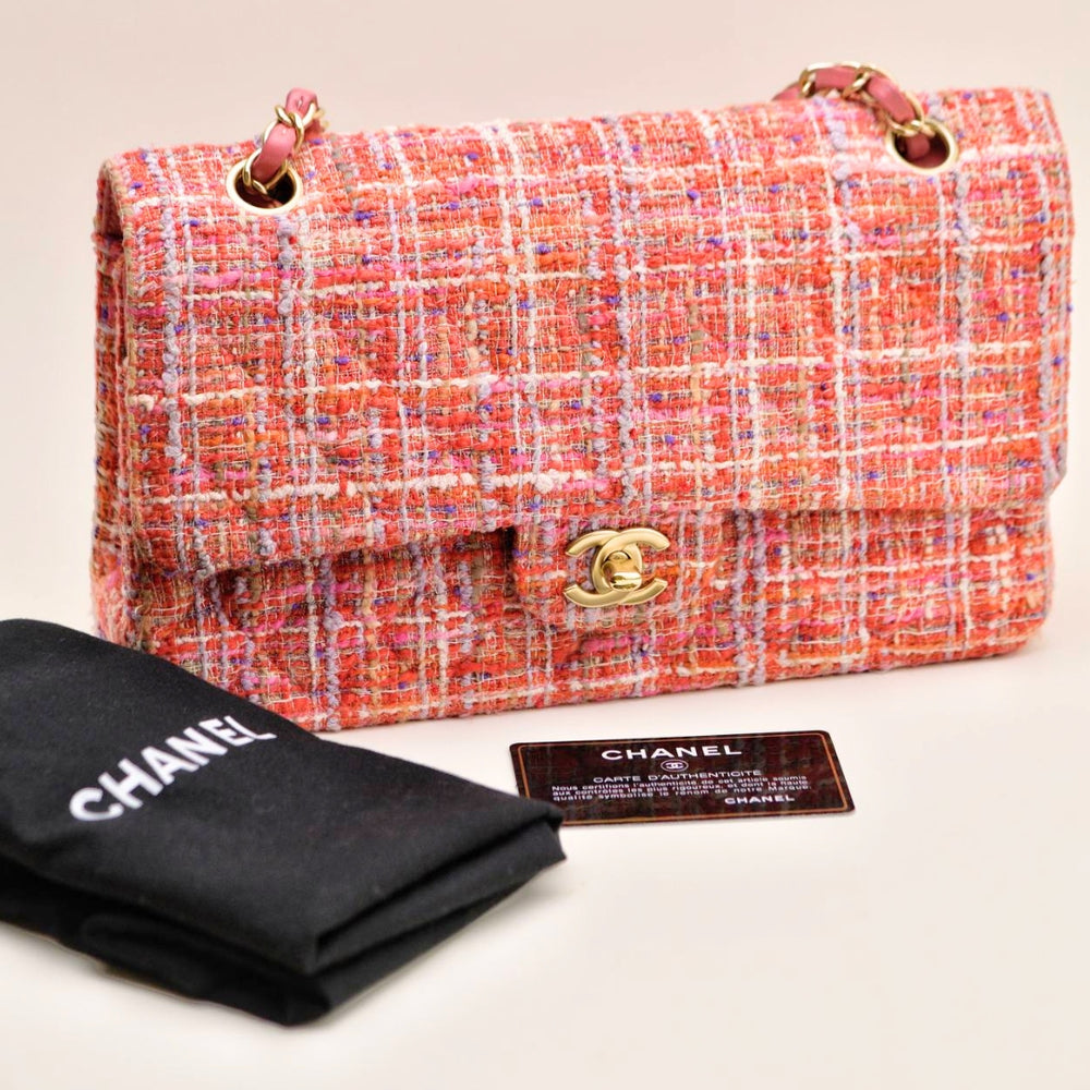 Preowned Authentic Full set Chanel Double Flap Pink Tweed Quilted Bag