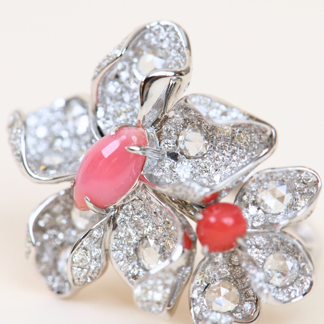 Natural Conch Pearl Diamond Flower Ring in 18K White Gold