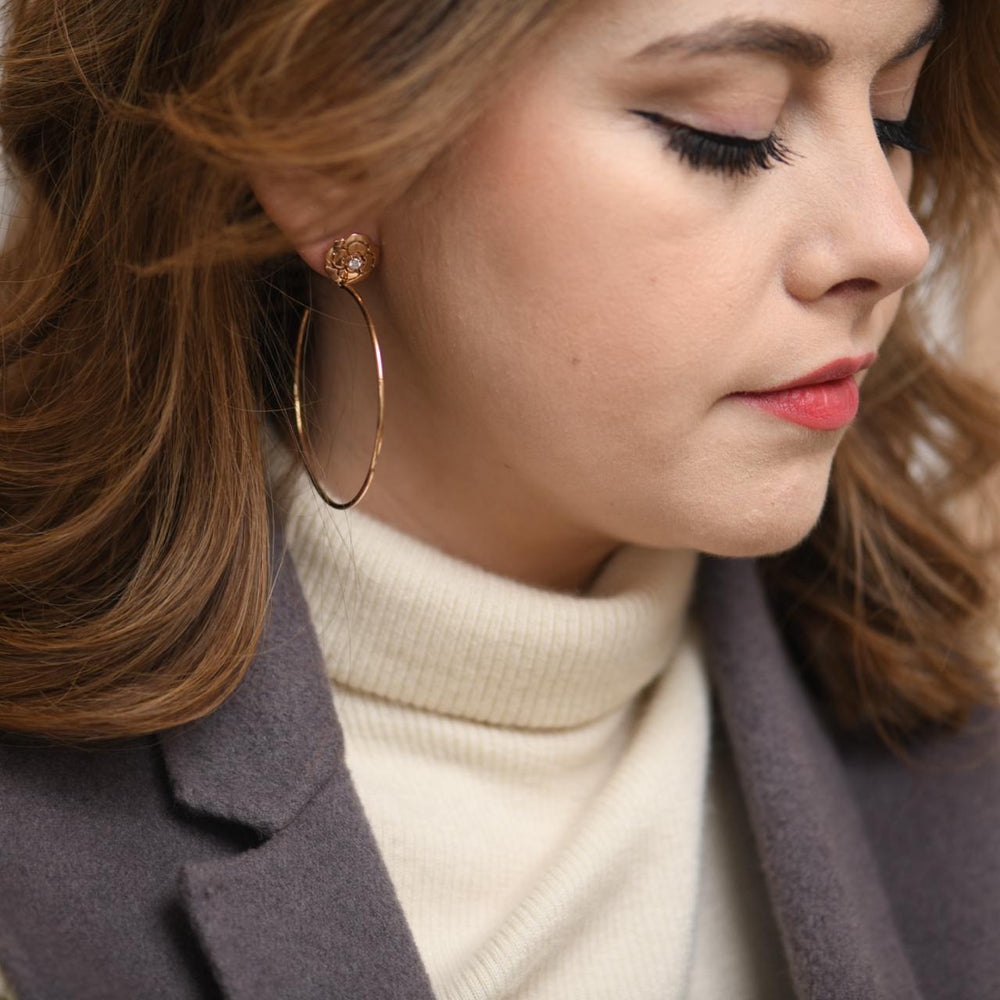 Second Hand Chanel Diamond Extrait de Camélia 18K Rose Gold Hoop Earrings