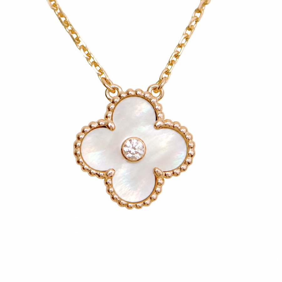 Preloved Authentic Van Cleef & Arpels Alhambra 2012 Holiday Necklace Diamond Mother of Pearl
