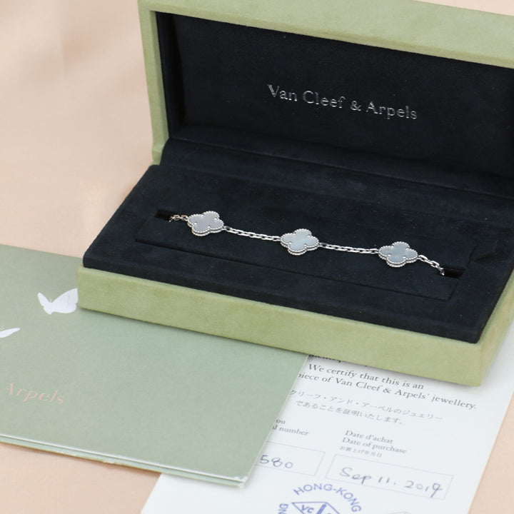 Van Cleef & Arpels 5 Motif Vintage Alhambra Mother of Pearl White Gold Bracelet