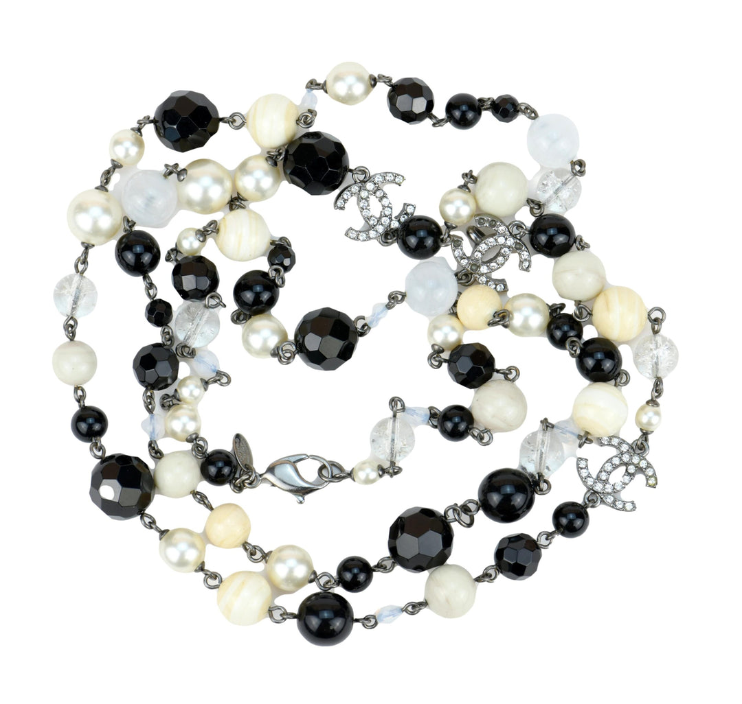 Chanel Long Black Beads, Pearls, and Crystal Logos Necklace
