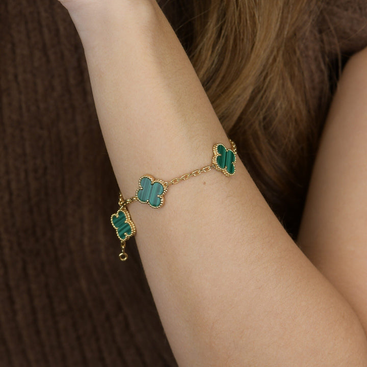Used VCA Vintage Alhambra 5 Motif Malachite 18K Yellow Gold Bracelet