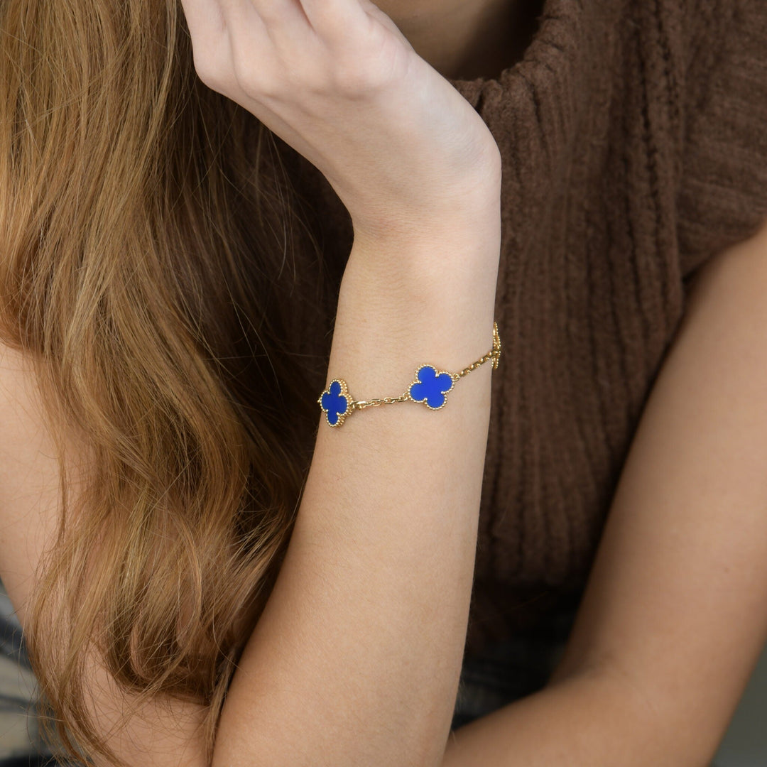 Van Cleef & Arpels Vintage Alhambra Blue Agate 18K Yellow Gold Bracelet