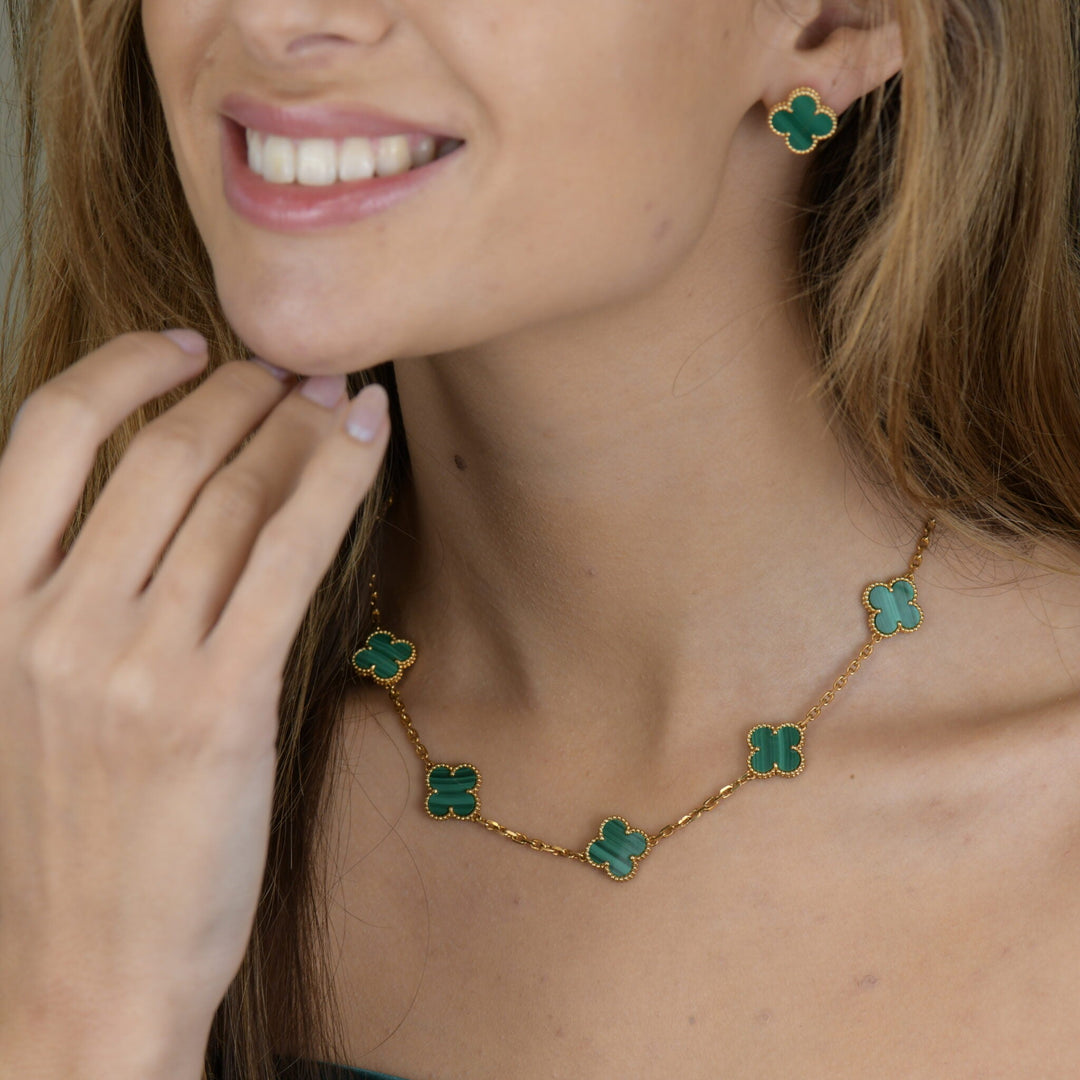 Preloved VCA Vintage Alhambra Malachite 18K Yellow Gold Earrings