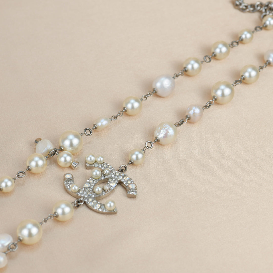 Chanel CC White Pearl Long Necklace