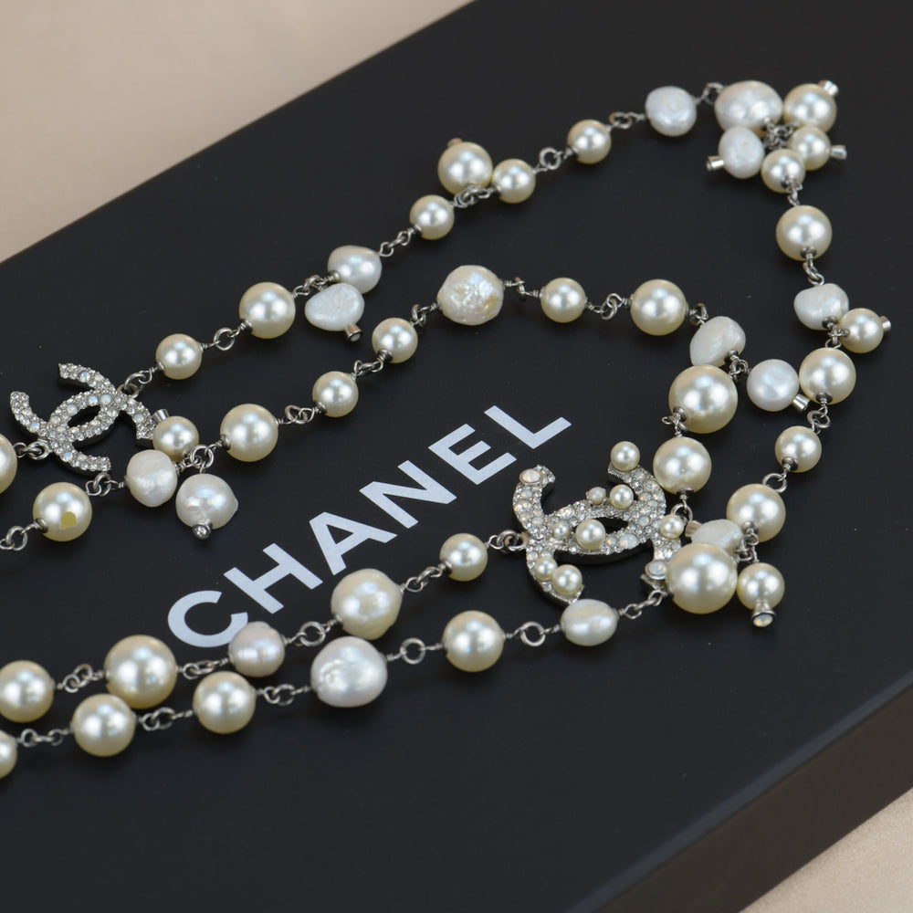 Chanel CC White Pearl Long Necklace