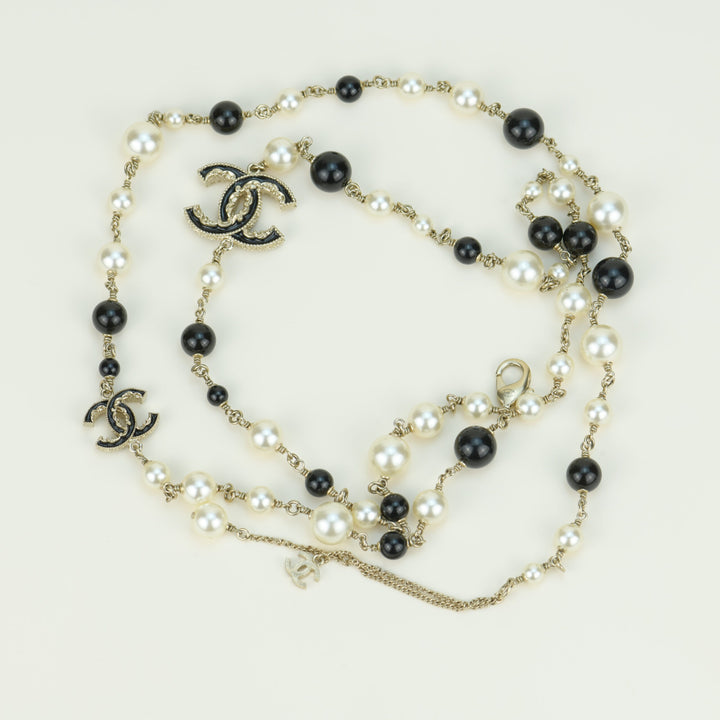 Chanel Pearl Enamel CC Long Necklace Black Gold