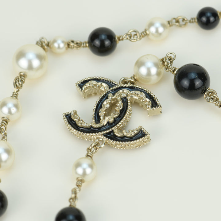 Chanel Pearl Enamel CC Long Necklace Black Gold