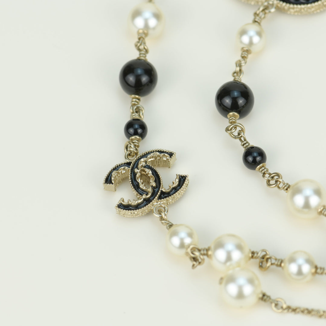 Chanel Pearl Enamel CC Long Necklace Black Gold