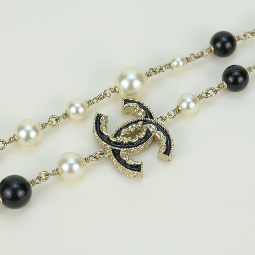 Chanel Pearl Enamel CC Long Necklace Black Gold