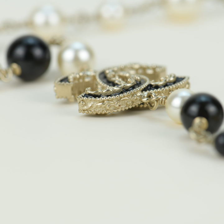 Chanel Pearl Enamel CC Long Necklace Black Gold