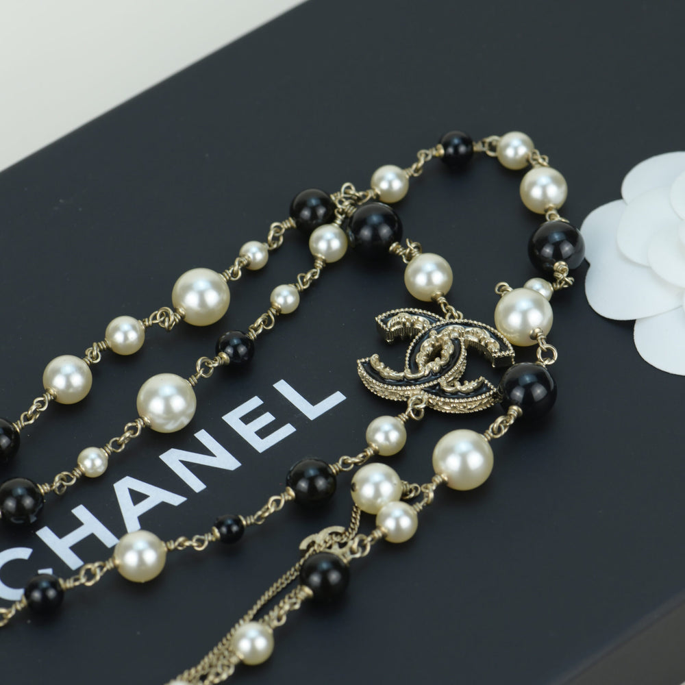 Chanel Pearl Enamel CC Long Necklace Black Gold